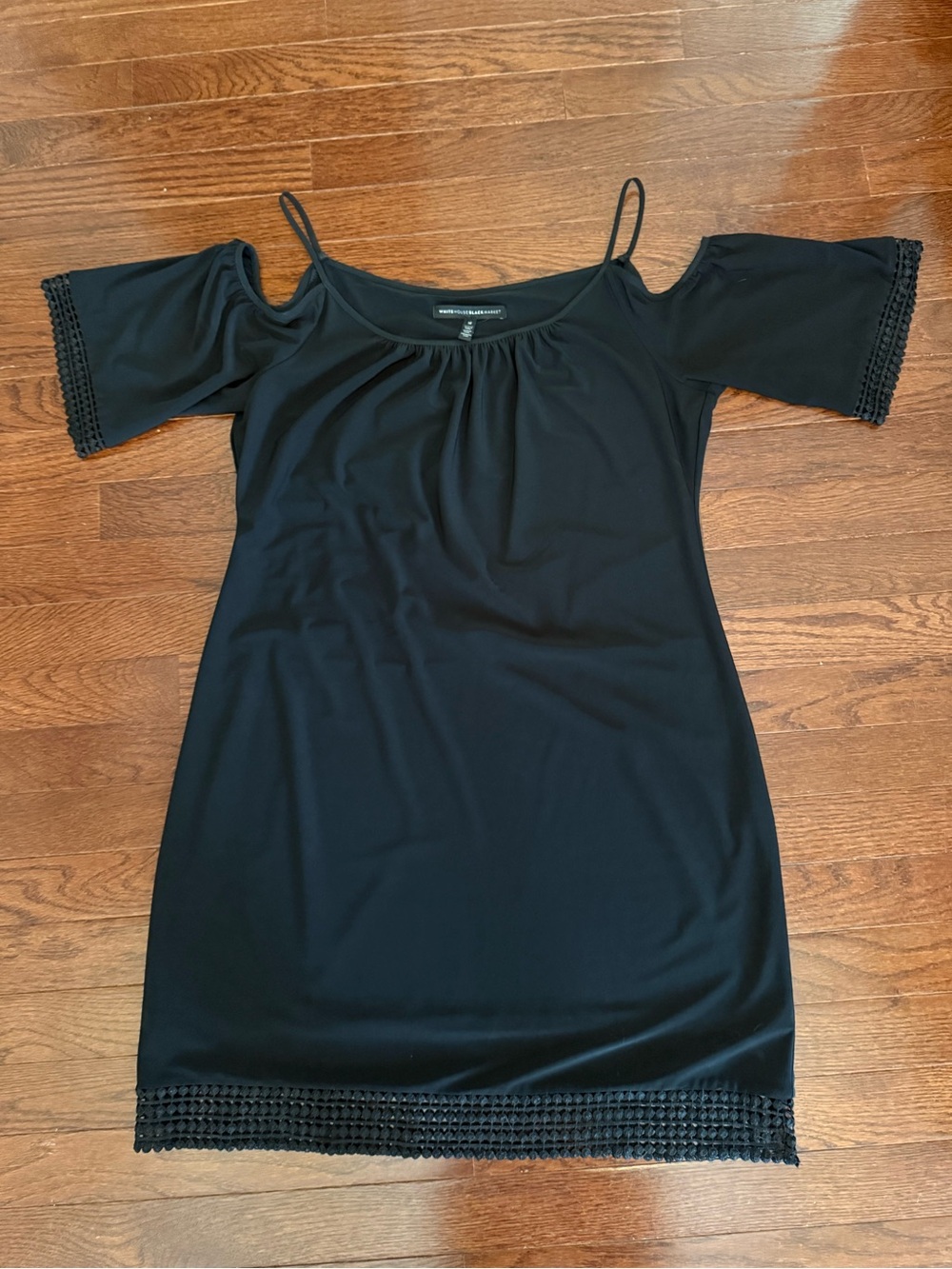 White House Black Market Black Cold-Shoulder Chemise with Crochet Trim